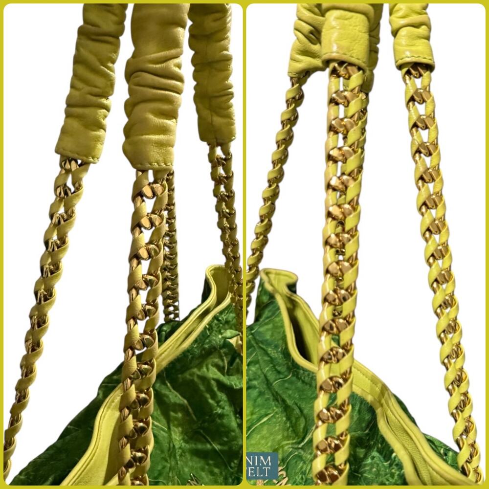 MCM Green Leather Shoulder Bag Gold Chain Handles Vintage Rare Purse Tote - Picture 14 of 16